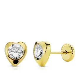 Pendientes oro 18k niña 6 mm. forma corazón liso combinado circonita