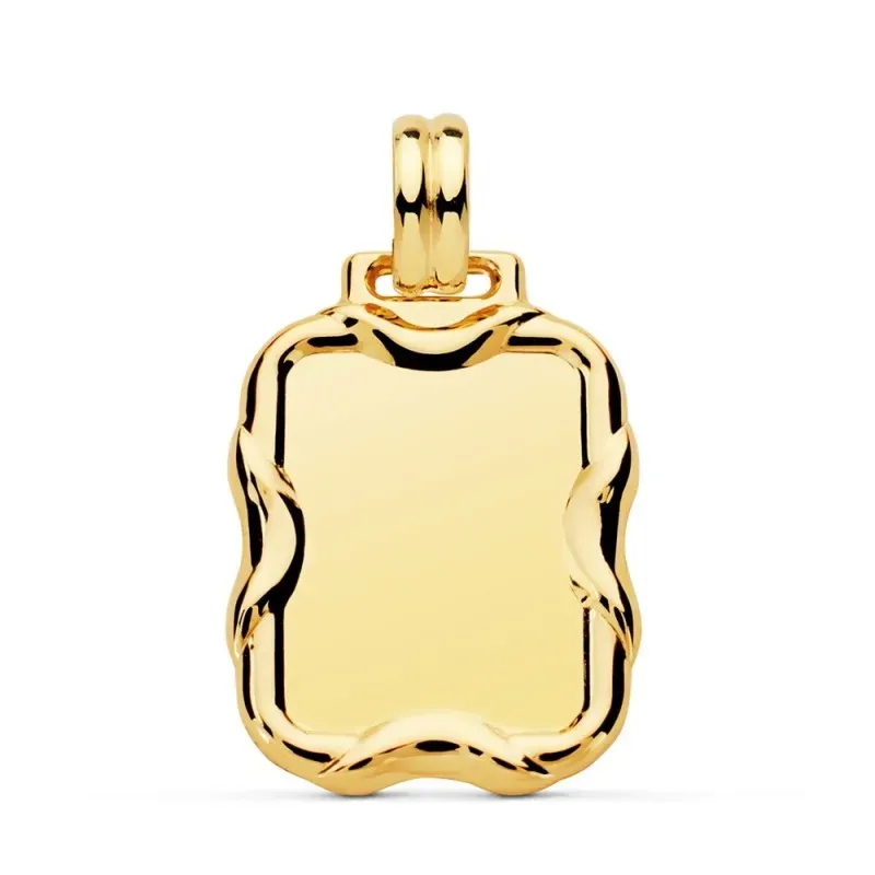Colgante oro 18k unisex chapa rectangular 21 mm. detalles bordes bise