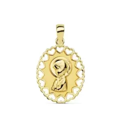 Virgen Niña medalla oro 18k Primera Comunión colgante 15 mm. bisel co