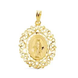 Medalla oro 18k Virgen Milagrosa 27mm. borde motivos tallados [AC1015]