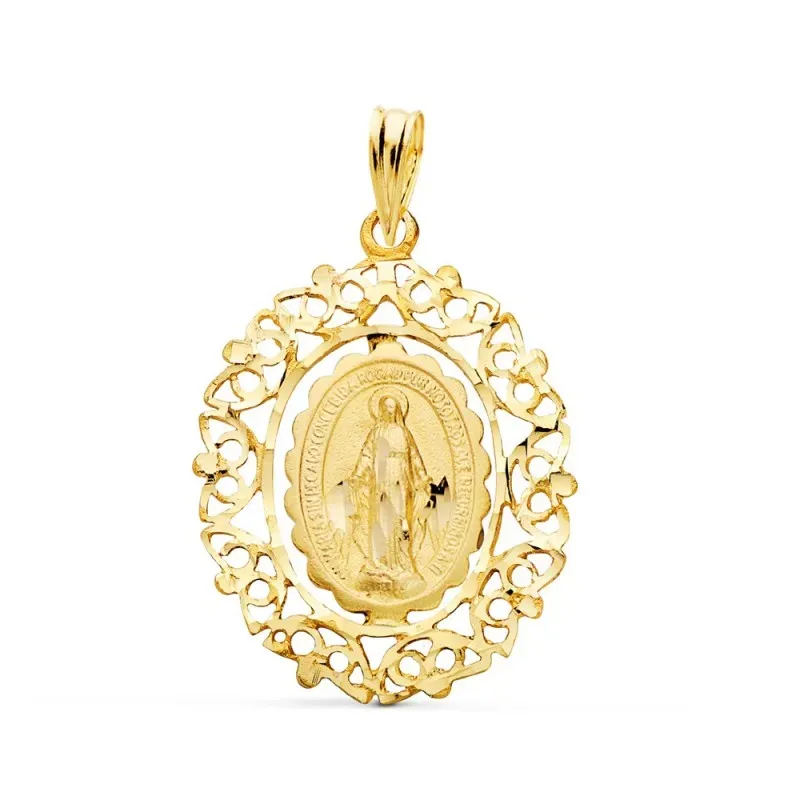 Medalla oro 18k Virgen Milagrosa 27mm. borde motivos tallados [AC1015]