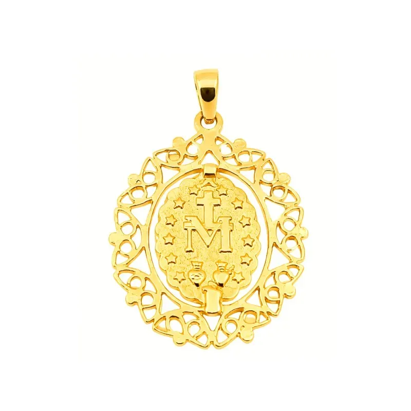 Medalla oro 18k Virgen Milagrosa 27mm. borde motivos tallados [AC1015]