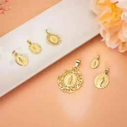 Medalla oro 18k Virgen Milagrosa 27mm. borde motivos tallados [AC1015]