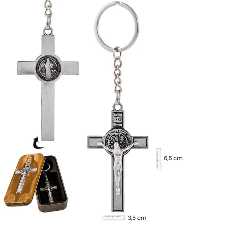 San Benito Llavero metálico de 6.5 cm. y 3.5 cm. de ancho Cristo en r