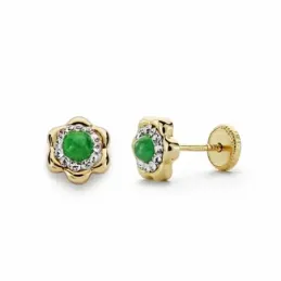 Pendientes oro 18k flor 6mm. esmeralda circonitas [AA2106]