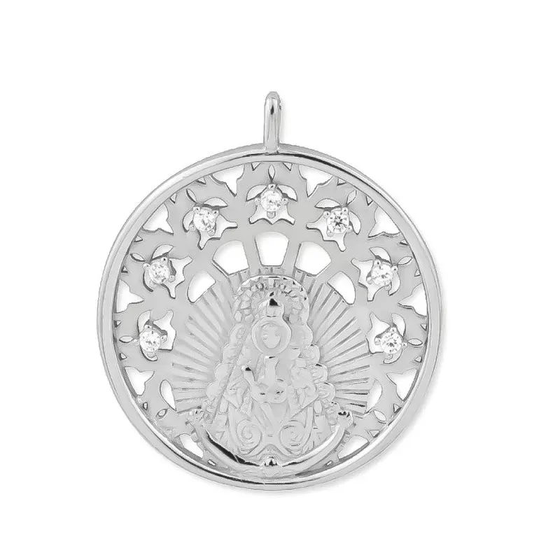 Virgen del Rocío Medalla en Plata de Ley 925m con 30 mm. rodiada con