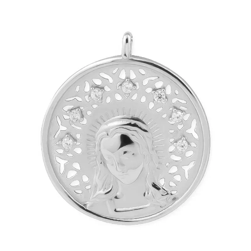 Virgen María Colgante en Plata de Ley 925m con 30 mm. rodiada con cir