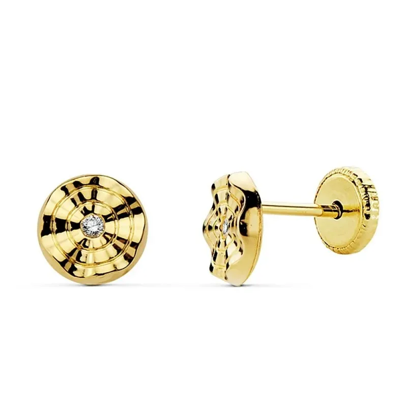 Pendientes oro 18k redondos 6mm. ondulados centro circonita [AB2381]