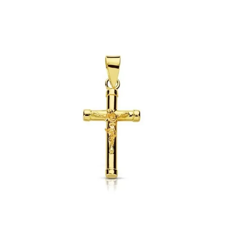 Crudifijo oro 18k Cristo 18mm. palo redondo liso chatones [7969]