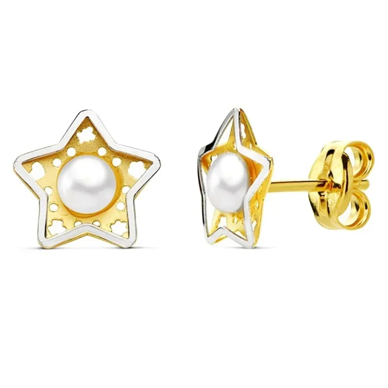 Pendientes oro 18k perla estrella bicolor 5 hojas 8mm. [AB2969]