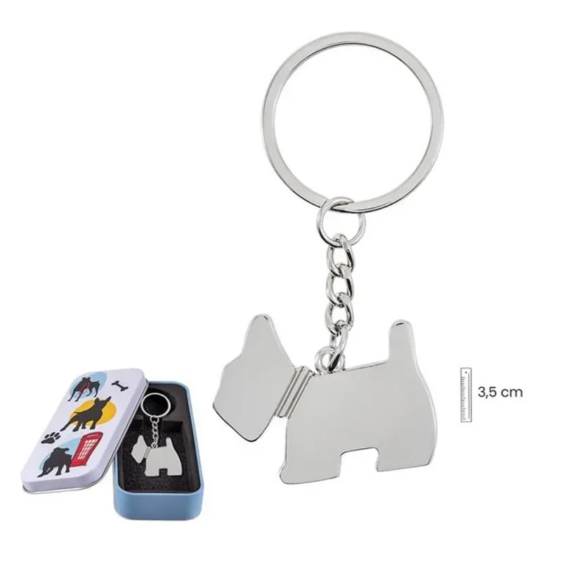 Llavero metálico de 8.5 cm. con forma de perro 4 cm. plateado liso en