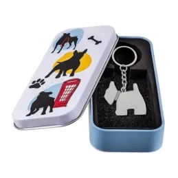 Llavero metálico de 8.5 cm. con forma de perro 4 cm. plateado liso en