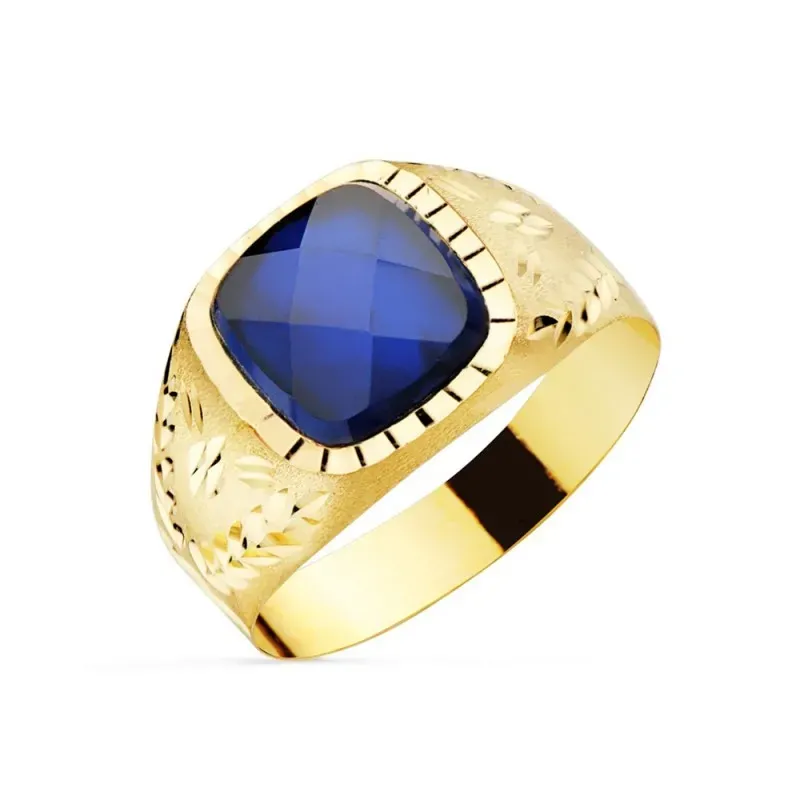 Sello oro 18k piedra espinela azul 9mm. cuadrado [AA2213]