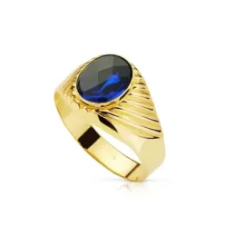Sello oro 18k piedra espinela azul 10x8mm. oval laterales detalles