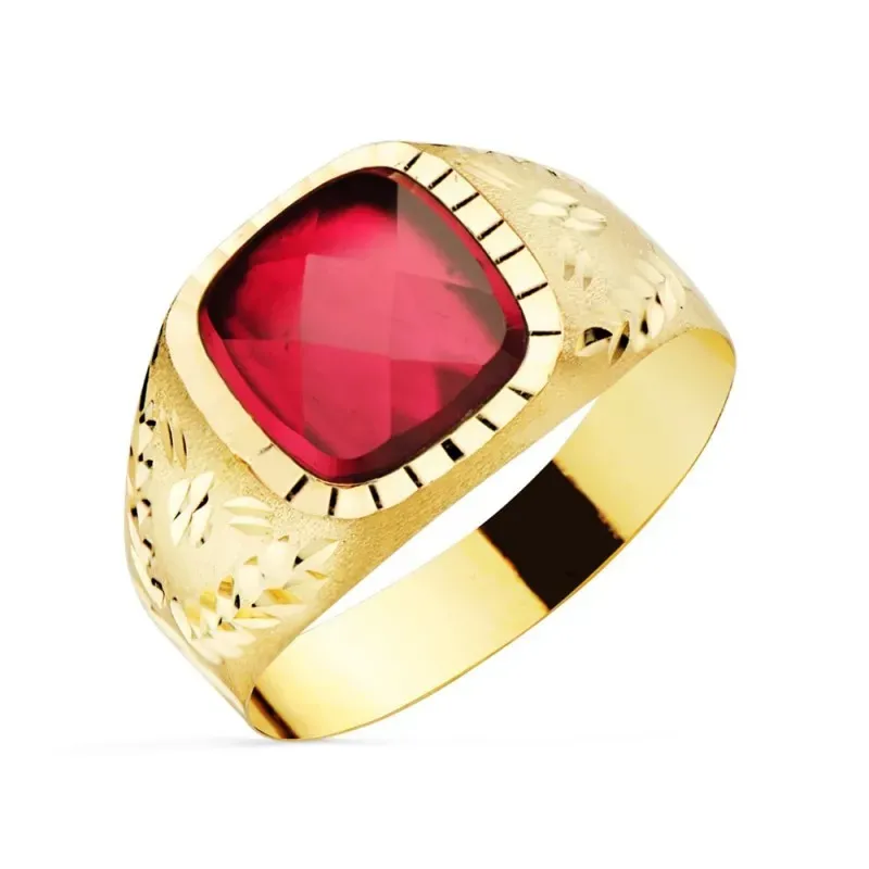 Sello oro 18k piedra espinela roja 9mm. cuadrado [AA2214]