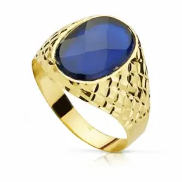 Sello oro 18k piedra espinela azul 14mm. oval [AA2303]