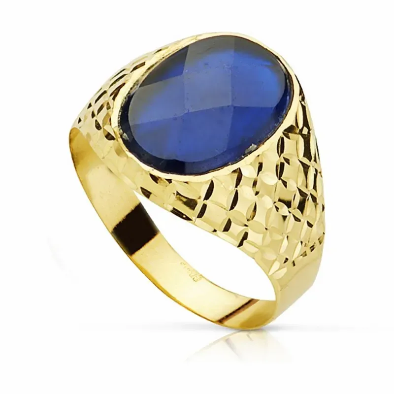 Sello oro 18k piedra espinela azul 14mm. oval [AA2303]