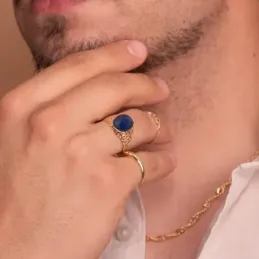 Sello oro 18k piedra espinela azul 14mm. oval [AA2303]