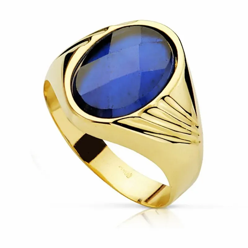 Sello oro 18k piedra espinela azul 14mm. oval [AA2305]