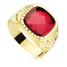 Sello oro 18k hombre hueco detalles tallados centro piedra roja 11x11mm. espinela cuadrada
