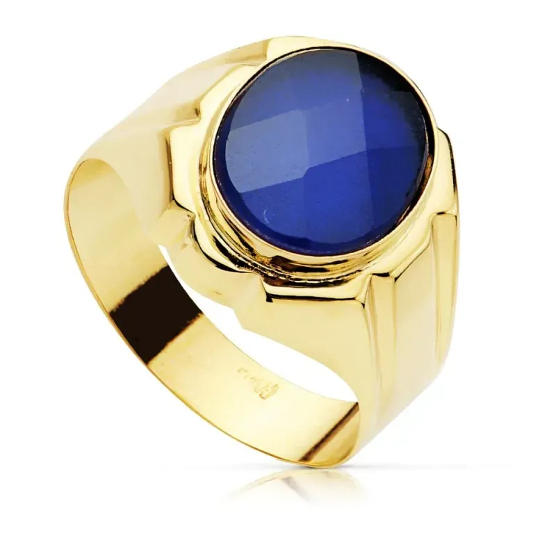 Sello oro 9k hombre hueco piedra azul centro cabeza detalles