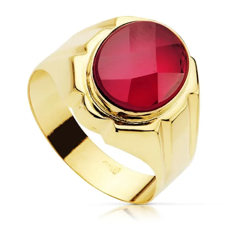 Sello oro 9k hombre hueco piedra roja ovalada centro detalles cabeza