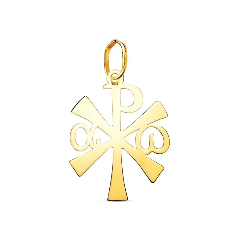 Cruz Crismón Colgante en Oro de 18k con 18 mm. Alfa y Omega lisa bril