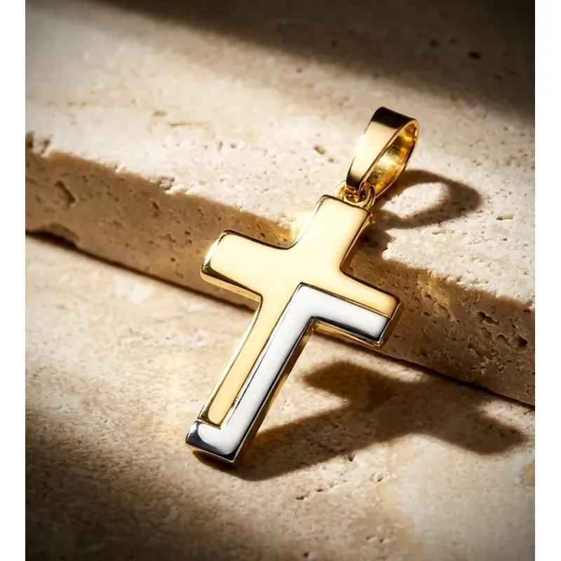 Cruz Colgante en Oro Bicolor de 18k con 22 mm. palo rectangular de 4