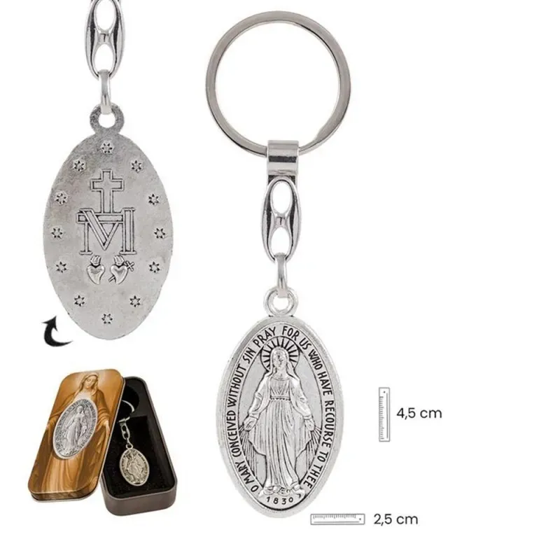 Medalla Virgen Milagrosa Llavero metálico de 4.5 cm. y 2.5 cm. de anc