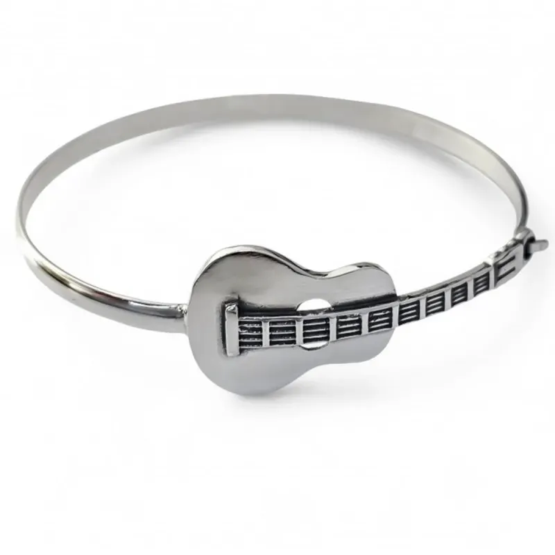 Pulsera plata Ley 925m. mujer rígida motivo guitarra oxidada calada