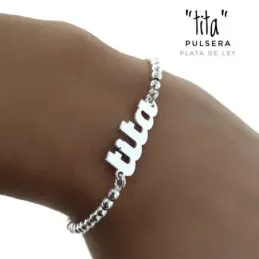 Pulsera plata Ley 925m 18cm. cadena bolas 3mm. ancho palabra TITA 24mm. lisa cierre mosquetón