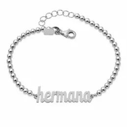 Pulsera plata Ley 925m cadena bolas 18mm. centro palabra HERMANA lisa cierre mosquetón