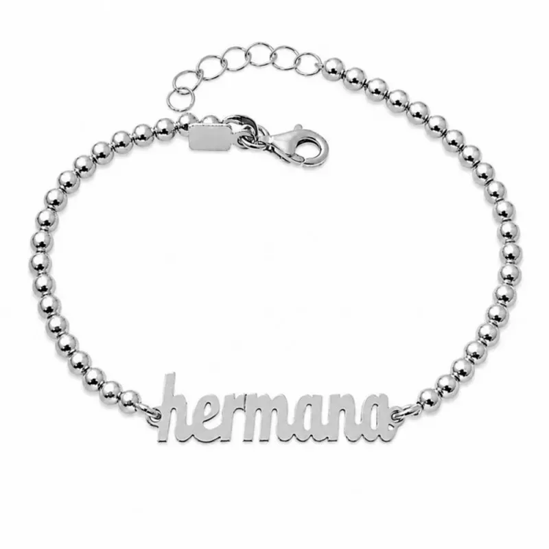 Pulsera plata Ley 925m cadena bolas 18mm. centro palabra HERMANA lisa cierre mosquetón