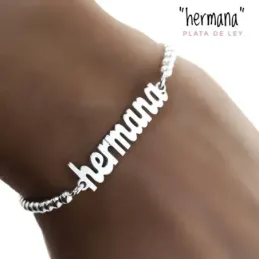 Pulsera plata Ley 925m cadena bolas 18mm. centro palabra HERMANA lisa cierre mosquetón