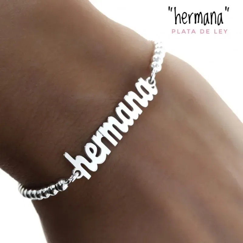 Pulsera plata Ley 925m cadena bolas 18mm. centro palabra HERMANA lisa cierre mosquetón
