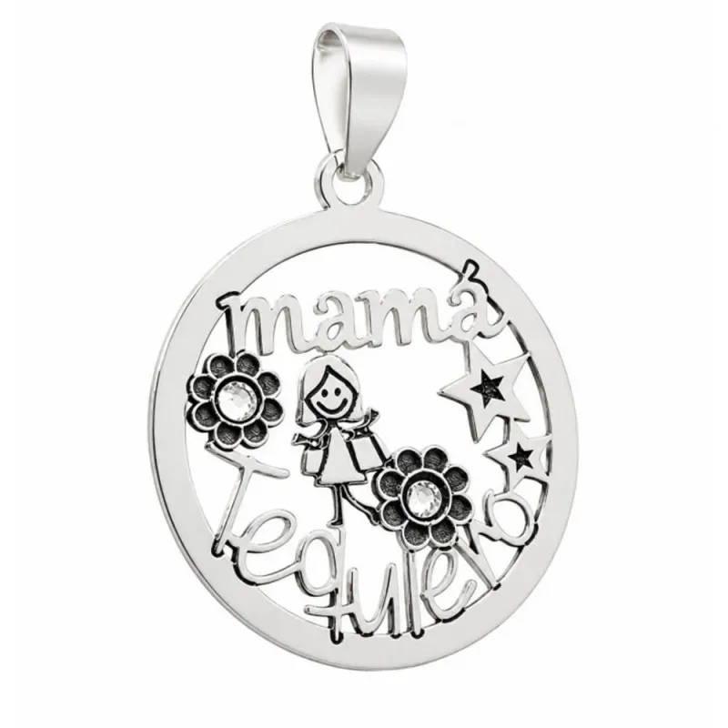 Colgante plata Ley 925m calado 24mm. mensaje MAMÁ TE QUIERO detalle muñeca flores
