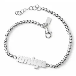 Pulsera plata Ley 925m cadena bolas 17mm. centro palabra AMIGA lisa cierre mosquetón