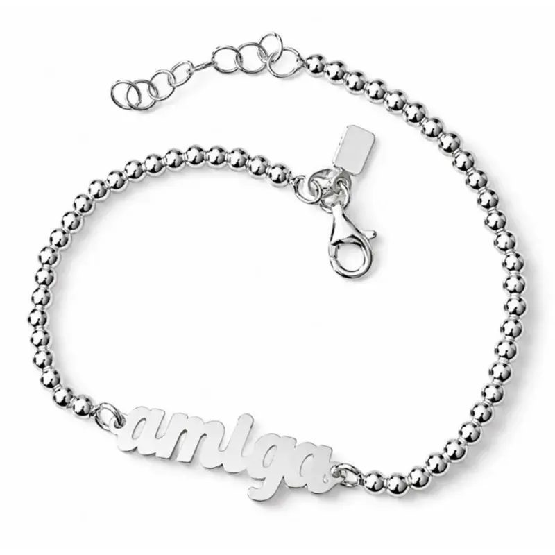 Pulsera plata Ley 925m cadena bolas 17mm. centro palabra AMIGA lisa cierre mosquetón