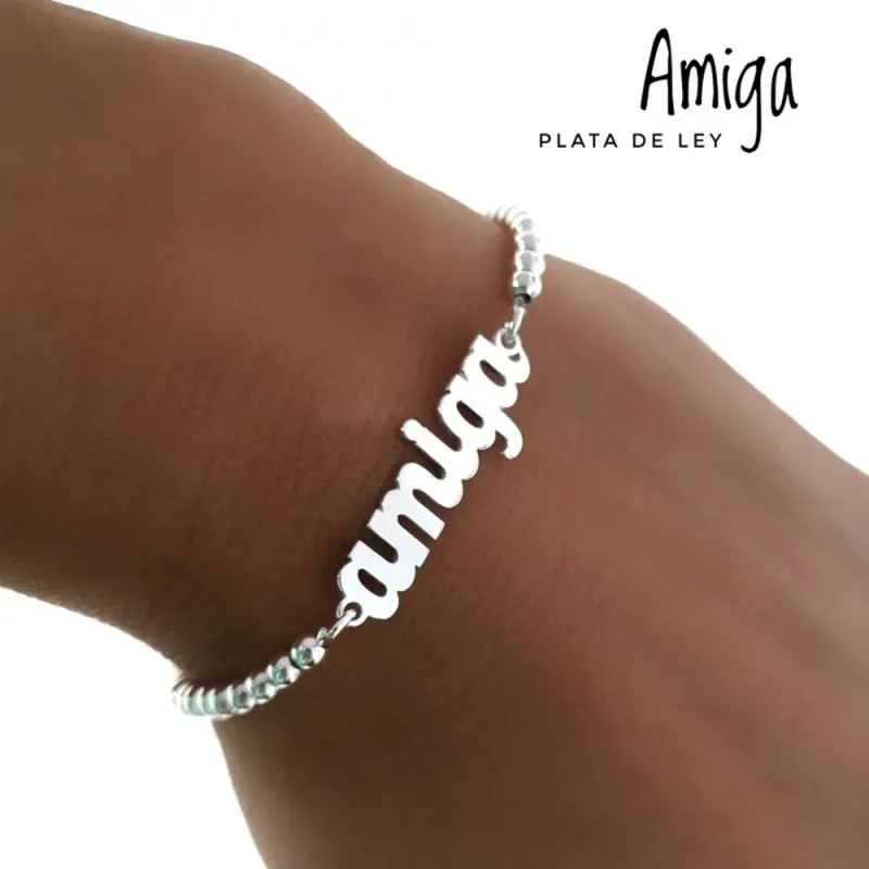 Pulsera plata Ley 925m cadena bolas 17mm. centro palabra AMIGA lisa cierre mosquetón