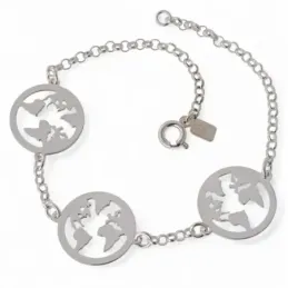 Pulsera plata Ley 925m 18cm. tres mapas del mundo calados [AB6195]