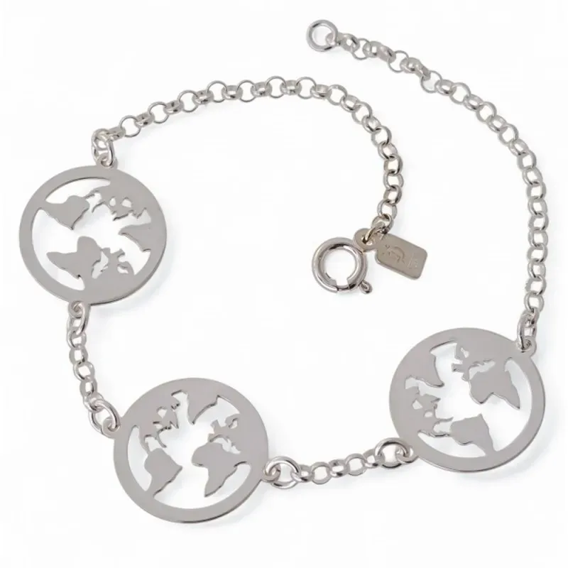 Pulsera plata Ley 925m 18cm. tres mapas del mundo calados [AB6195]