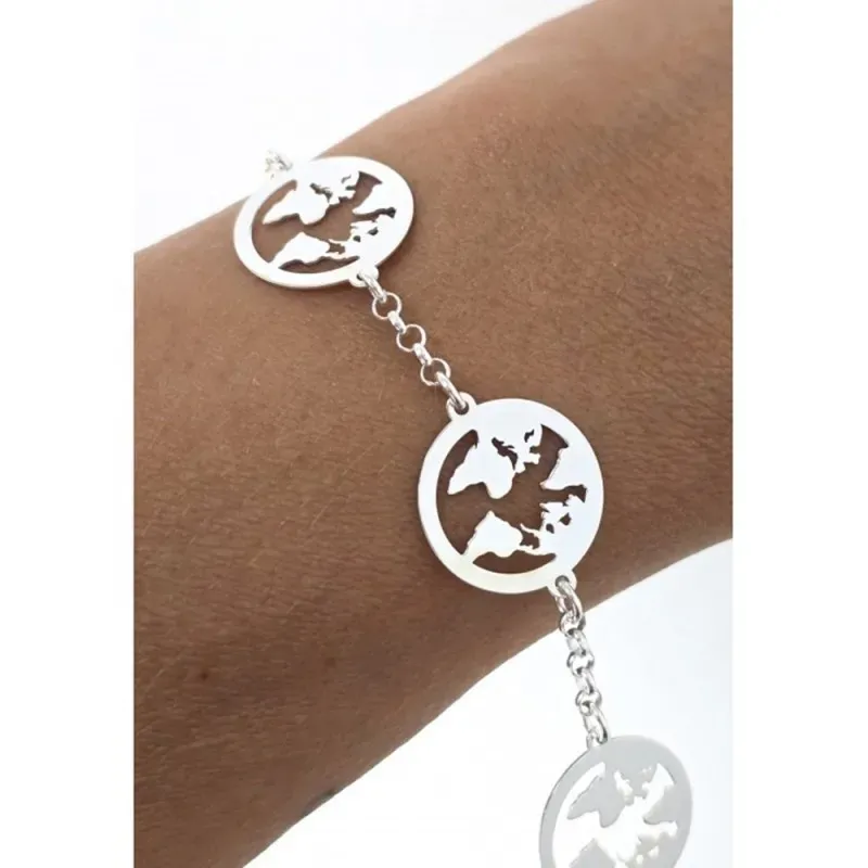 Pulsera plata Ley 925m 18cm. tres mapas del mundo calados [AB6195]