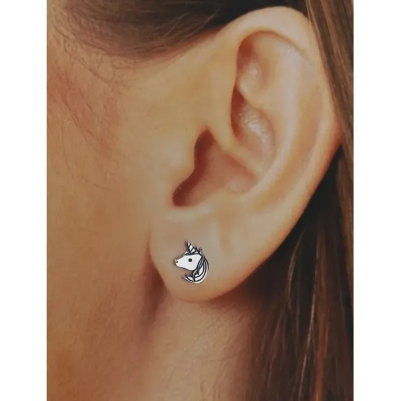 Pendientes plata Ley 925m unicornio 8mm. láser cierre presión mujer [AC1174]