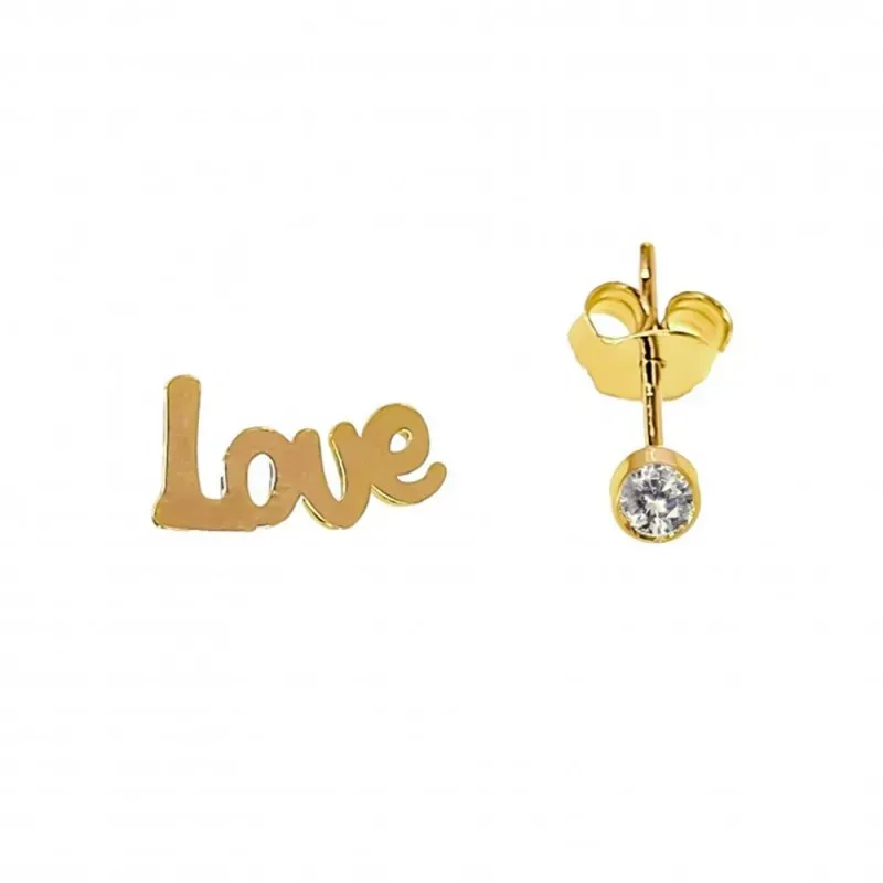 Pendientes plata Ley 925m chapados oro palabra LOVE lisa chatón 4mm. circonita cierre presión