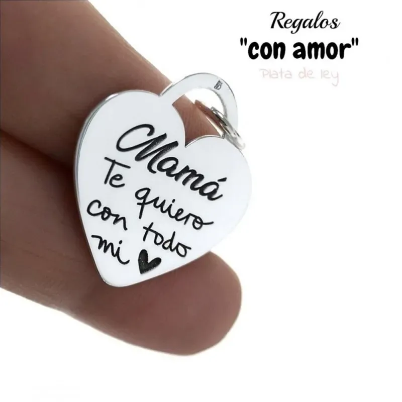 Colgante plata Ley 925m chapa corazón 25mm. mensaje MAMÁ TE QUIERO CON TODO MI CORAZÓN dibujo