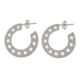Pendientes plata Ley 925m aros 23mm. planos estrellas caladas cierre presión mujer [AC1224]