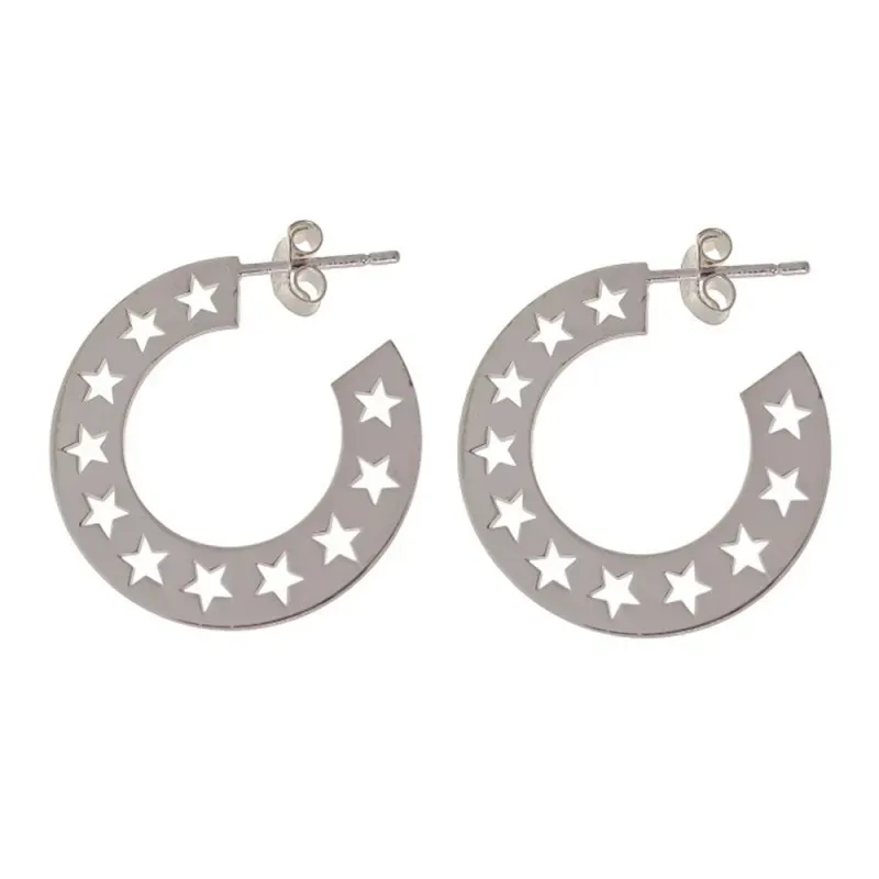 Pendientes plata Ley 925m aros 23mm. planos estrellas caladas cierre presión mujer [AC1224]