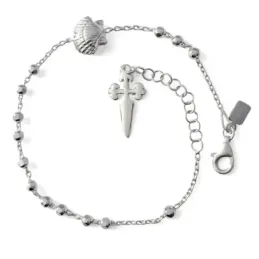 Concha y Cruz Camino Santiago Pulsera Plata Ley 925m 17 cm. bolas 3 m