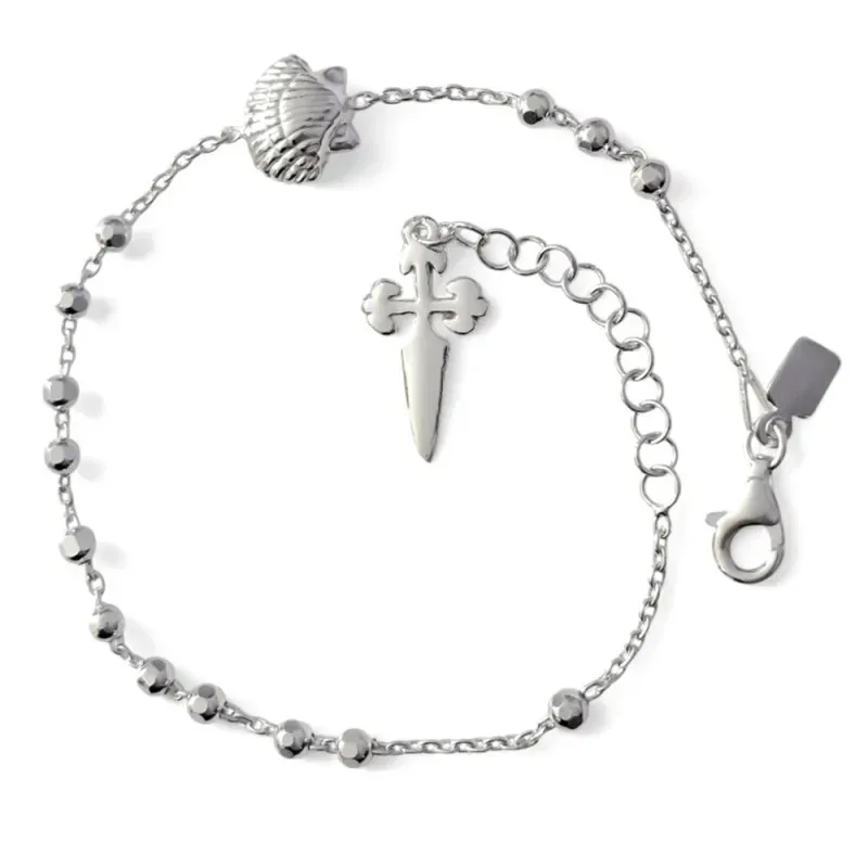 Concha y Cruz Camino Santiago Pulsera Plata Ley 925m 17 cm. bolas 3 m
