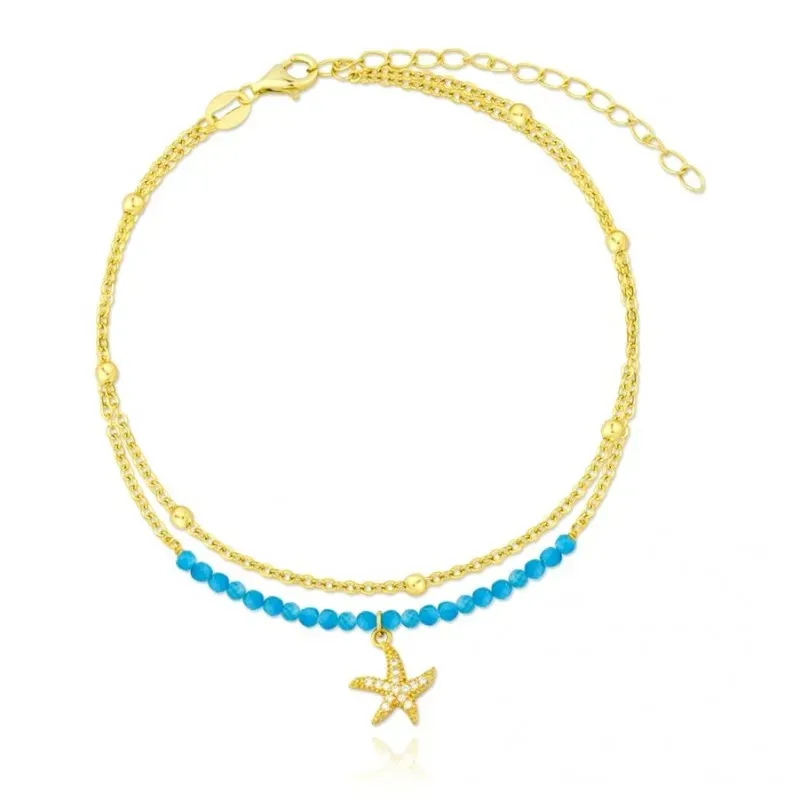 Tobillera Plata Ley 925m chapada en oro 21 cm. doble cadena piedras a
